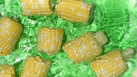 Fresh ears of corn falling into water splash in water top view slow motion. - Powered by Shutterstock - Get 15% off with code: PIKWIZARD15