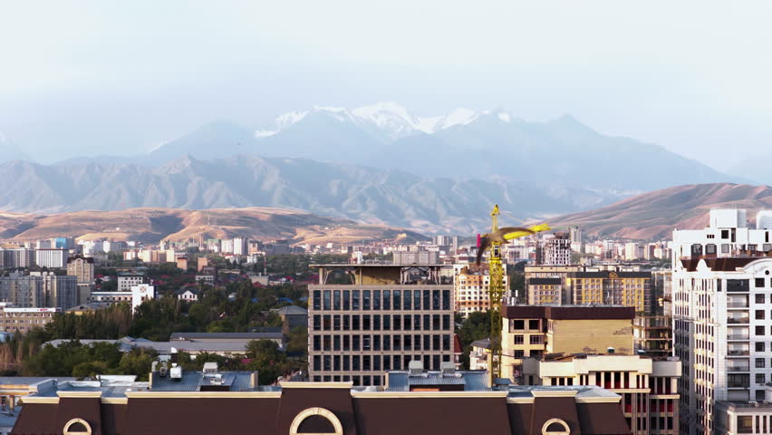 City Of Bishkek At Sunrise In Kyrgyzstan - Drone Shot