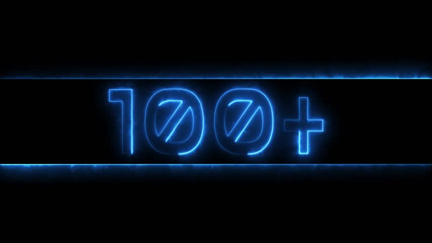 Neon glowing number animation. Neon number 100 on black background. 