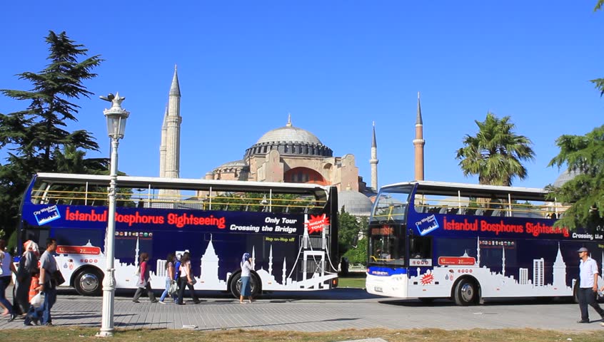 ISTANBUL - JUL 9: Tourist buses in front of Hagia Sophia on July 9, 2011 in