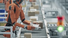 Close-up: Packages on Conveyor are Being Sorted and Moved by Autonomous AI-Enabled Humanoid Robot at Fulfillment Center. Automated Warehouse or Distribution Center with Advanced General Purpose Robots - Powered by Shutterstock - Get 15% off with code: PIKWIZARD15