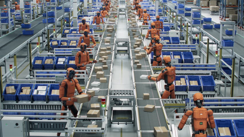 Establishing Shot of Automated Distribution Center with AI Powered Humanoid Robots. General Purpose Human Like Robots Work at Fulfillment Center. Warehouse with Advanced Autonomous Technology.