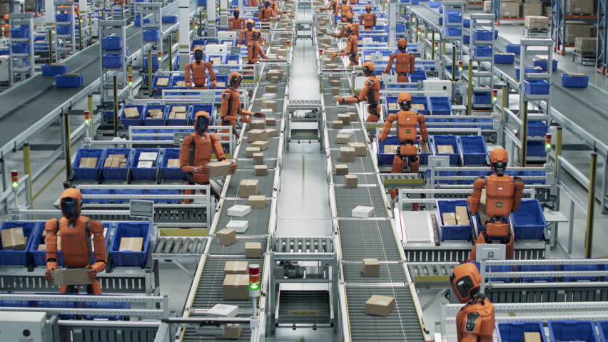 Establishing Shot of Automated Distribution Center with AI Powered Humanoid Robots. General Purpose Human Like Robots Work at Fulfillment Center. Warehouse with Advanced Autonomous Technology.