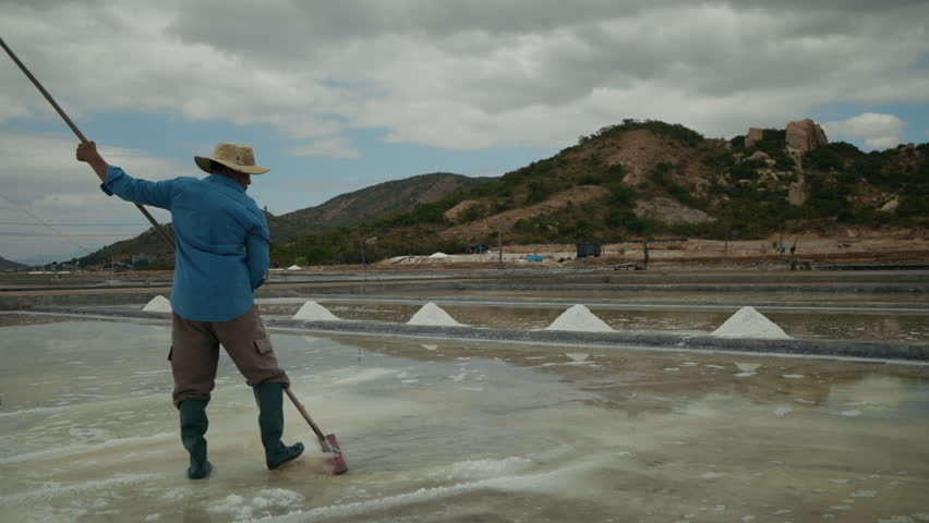 Old Asian man in straw hat harvests salt in evaporation pond in Vietnam. Elderly worker gathers mineral deposits with traditional rake on sea coast. Natural condiment manufacturing
