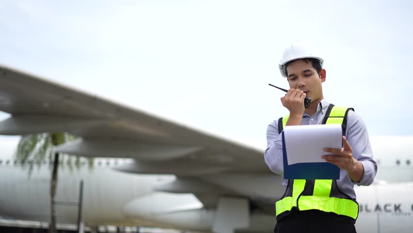 Male engineer in white hardhat standing and holding tablet working aircraft maintenance mechanics moving through hangar.	 - Powered by Shutterstock - Get 15% off with code: PIKWIZARD15