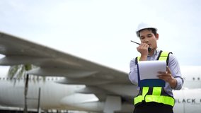 Male engineer in white hardhat standing and holding tablet working aircraft maintenance mechanics moving through hangar.	 - Powered by Shutterstock - Get 15% off with code: PIKWIZARD15