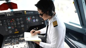 Portrait of a trained airplane captain in uniform preparing to fly in a simulator cockpit.	 - Powered by Shutterstock - Get 15% off with code: PIKWIZARD15