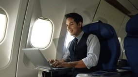 Airplane, travel and portrait of businessman working on laptop computer and smartphone, Tablet while sitting in airplane. - Powered by Shutterstock - Get 15% off with code: PIKWIZARD15