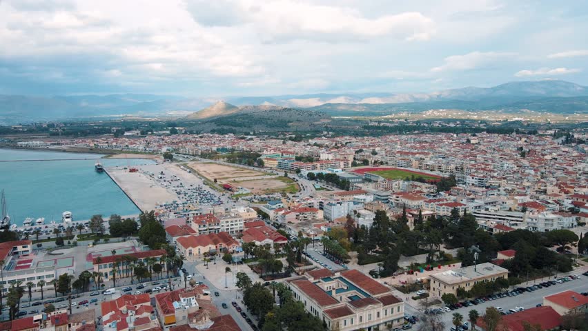 Aerial landscape city Nafplio former Greek Capitol sunny winter day in Mediterranean Greece Europe