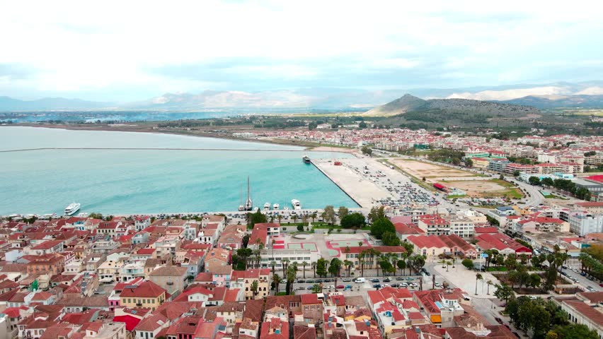 Aerial landscape city Nafplio former Greek Capitol sunny winter day in Mediterranean Greece Europe