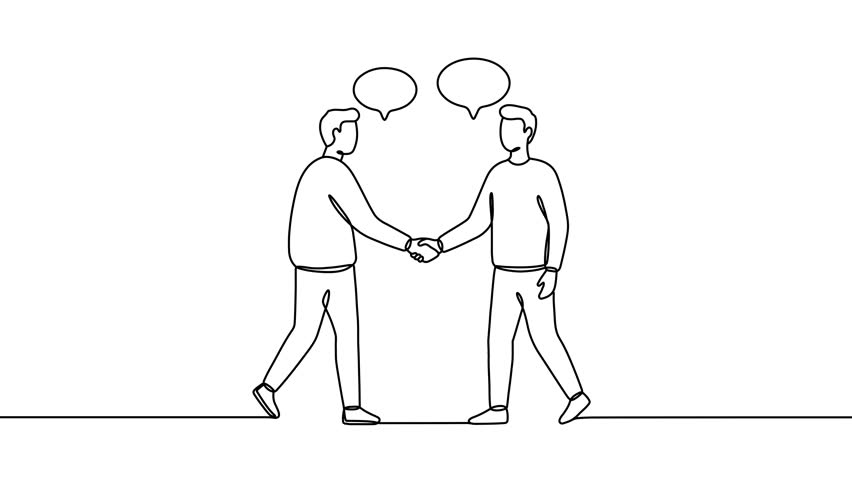 Animation of a single line drawing of two men shaking hands. Continuous contour movement of two men shaking hands. Continuous video with one line.