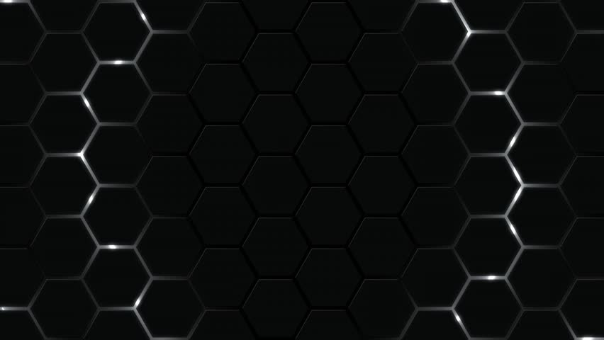 Abstract black grid background with honeycomb hexagons with light lines. Black background hexagon white glowing color. Animation futuristic technology illustration. Minimalist. Seamless looping