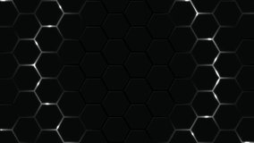 Abstract black grid background with honeycomb hexagons with light lines. Black background hexagon white glowing color. Animation futuristic technology illustration. Minimalist. Seamless looping - Powered by Shutterstock - Get 15% off with code: PIKWIZARD15