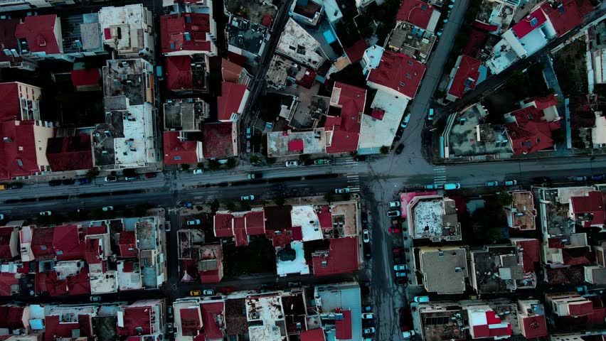 Aerial top down of urban rooftops in city of Nafplio in Mediterranean Greece Europe