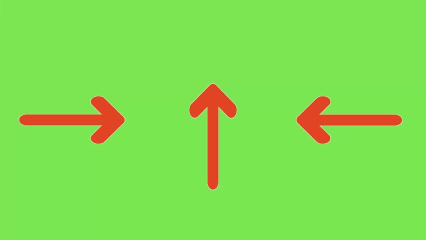 Red Arrows Animation Three Directional Arrows Moving on Green Screen Background. Bold Symbol for Motion Graphics, Navigation Icons, and Creative Digital Design Projects.