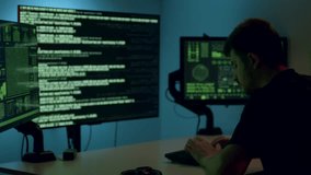 Male data analyst working intently at dual monitors displaying green code and digital information in a modern workspace, illustrating the essence of data analysis research - Powered by Shutterstock - Get 15% off with code: PIKWIZARD15