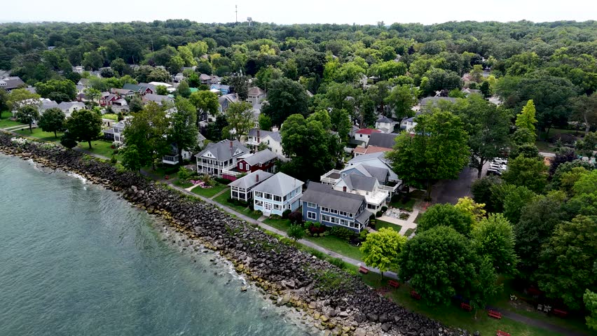 Lakeside Chautuaqua, Ohio, homes on shoreline, aerial drone