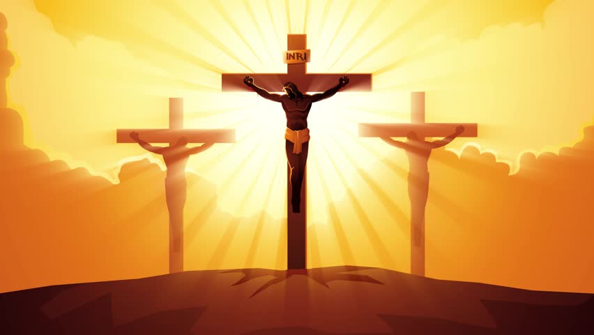 Jesus Crucifixion Motion Graphic. Biblical silhouette with light rays and golden sunrise.