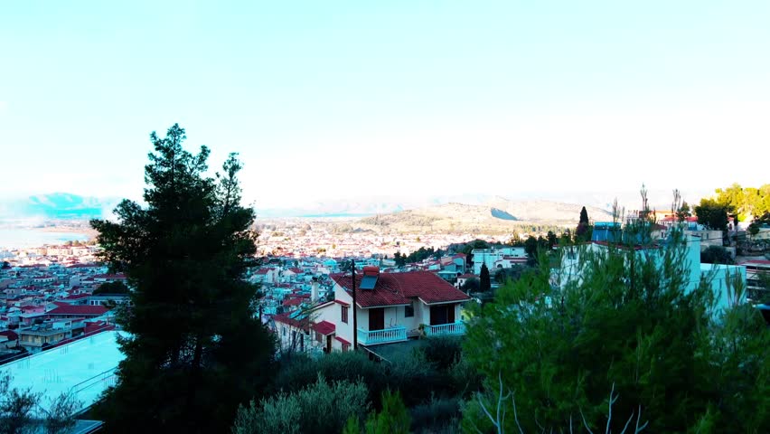 Aerial landscape city Nafplio former Greek Capitol winter sunset in Mediterranean Greece Europe