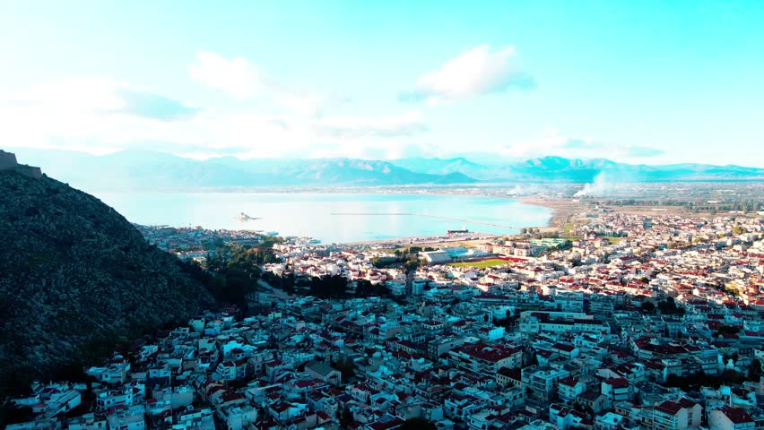 Aerial landscape city Nafplio former Greek Capitol winter sunset in Mediterranean Greece Europe
