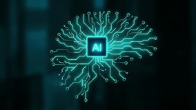 Dynamic visualization of AI brain, glowing circuitry. Animation of intricate connections, advanced technology driving artificial intelligence, symbolizing innovation and future potential. 4k footage. - Powered by Shutterstock - Get 15% off with code: PIKWIZARD15