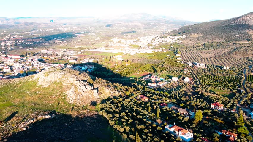 Aerial landscape city Nafplio former Greek Capitol winter sunset in Mediterranean Greece Europe