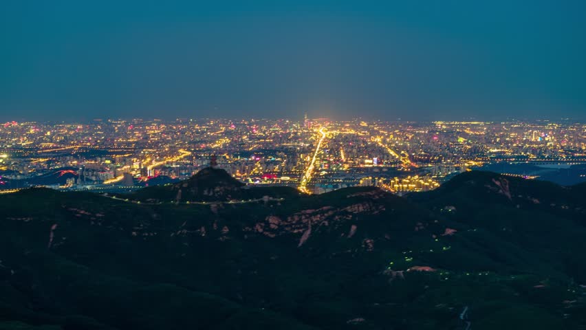 Beijing, China - 30th September 2023 - Panoramic aerial view of Beijing from the Mentougou Western Hills at night