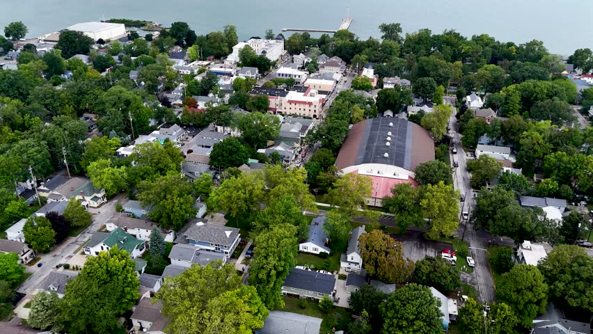Lakeside Chautuaqua, Ohio, homes on shoreline, aerial drone