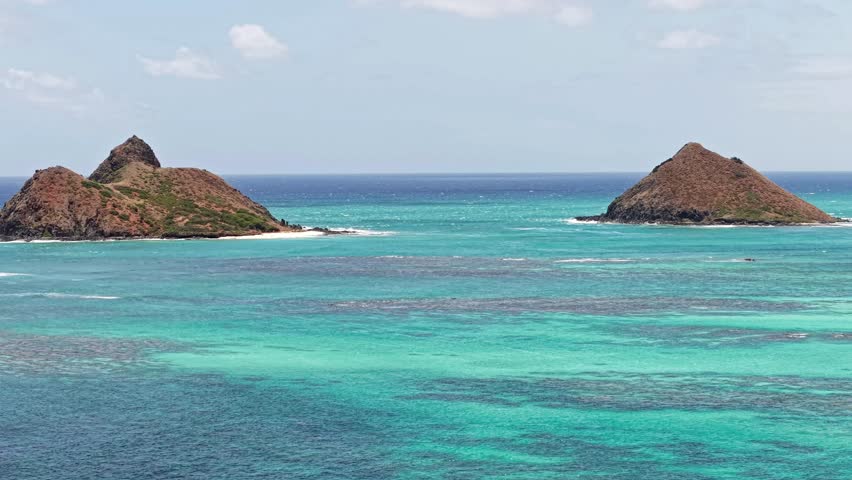 Oahu, Hawaii USA. Drone Shot of Mokulua Islands Close To Lanikai Beach