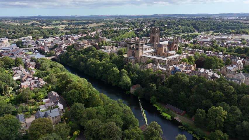 Aerial drone view of durham town city north east england uk cathedral university