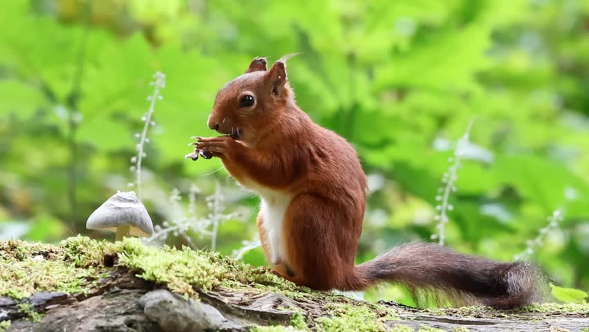 A curious red squirrel standing on a mossy log in a vibrant forest, clutching a nut with tiny paws