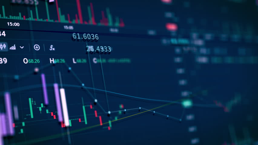 Stock Market invest chart Candle stick HUD Terminal Chart graph UI screen technological Business and marketing. Bears and bulls fighting.