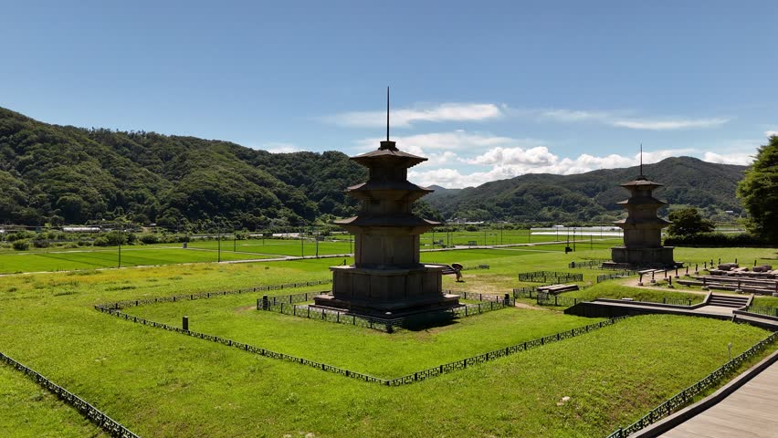 Aerial drone view of Gameunsa Temple Site and stone pagodas in Gyeongju, South Korea