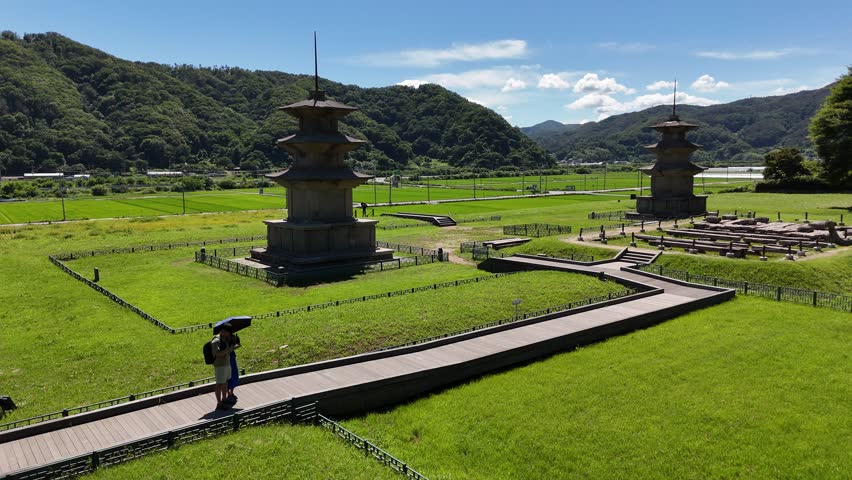 Aerial drone view of Gameunsa Temple Site and stone pagodas in Gyeongju, South Korea