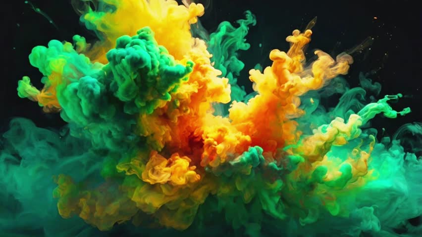 Abstract video showing vibrant explosions of green, yellow, and orange ink swirling underwater against a dark background. The dynamic movement creates a dramatic, artistic, and creative visual effect