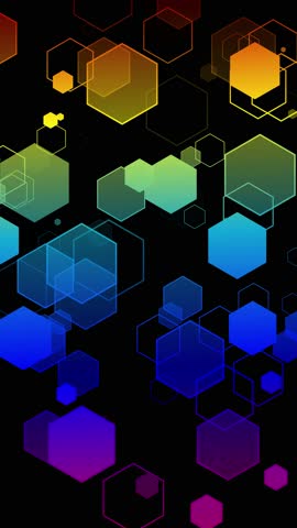Colored Hexagons Loop. Geometric pattern of vivid colored hexagons falling on a black background, seamless loop, vertical resolution.