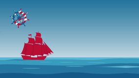 illustration of Columbus Day featuring a red sailing ship and ship wheel with American patriotic colors, perfect for holiday and history themes. - Powered by Shutterstock - Get 15% off with code: PIKWIZARD15