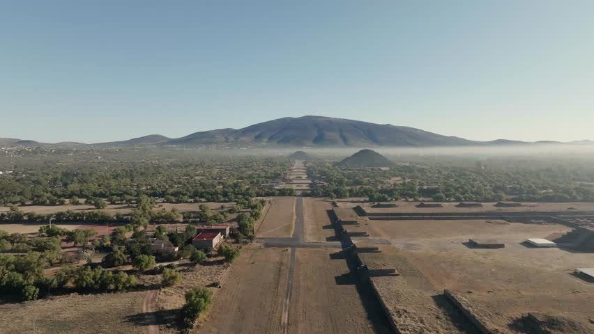 Drone Shot Of Teotihuacan City of Gods, Aztec Pyramids, Hot Air Balloons In Background, Mexico