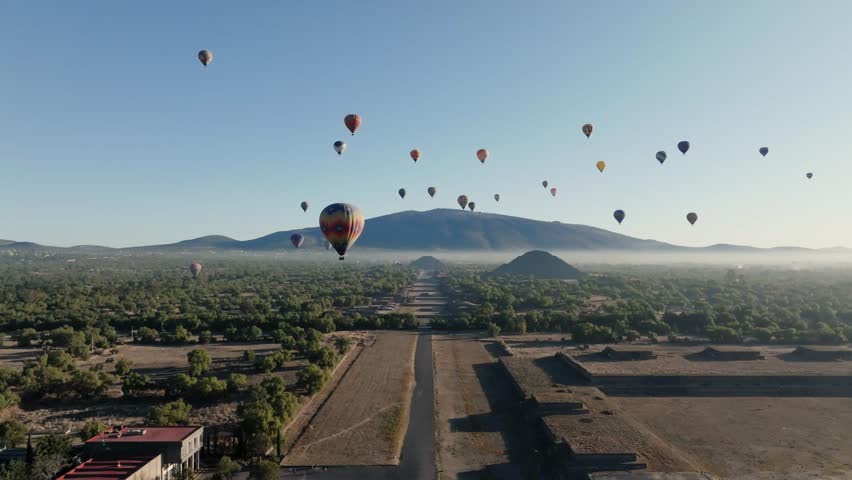 Amazing Shot Of Teotihuacan City of Gods, Aztec Pyramids, Hot Air Balloons Filling Blue Sky, Mexico