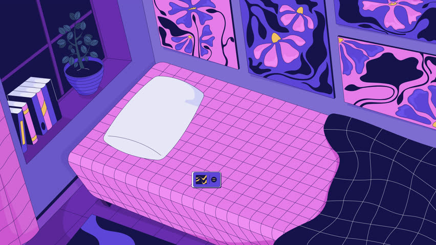 Dreamy bedroom interior with eclectic art decor 2D cartoon animation. Cozy untidy bed with checkered bedsheet pillow, mobile player animated flat backdrop 4K video background scene storytelling
