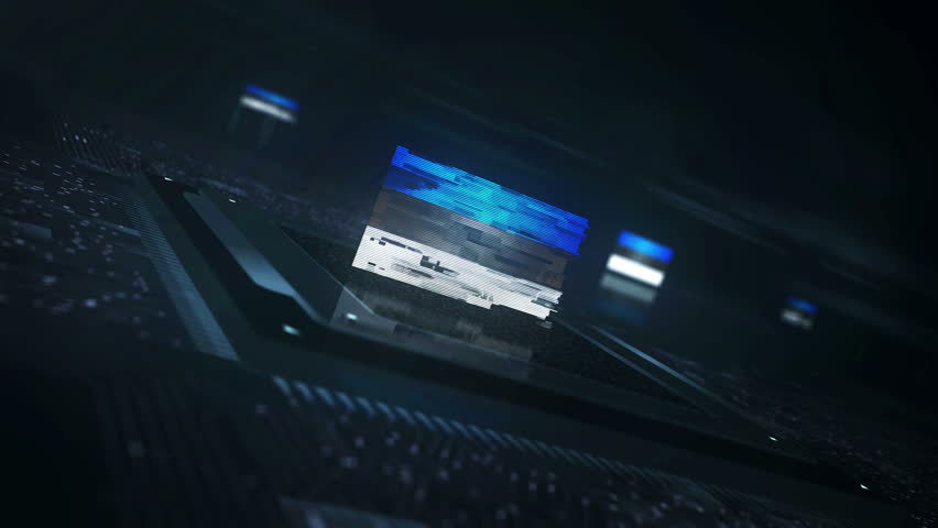 Estonia flag on computer cpu. Estonian banner digital and cyber technology concept animation with glitch.