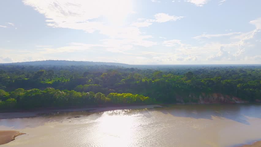 Tambopata Riverbank with Amazon Rainforest Canopy in Peru, Aerial Telephoto