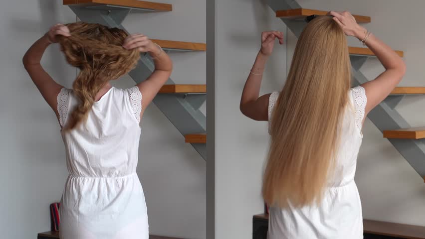 Before and after hair transformation. A woman brushes long curly hair, revealing a sleek, shiny, straight result. Concept of beauty, care routine, detangling, and silky finish.