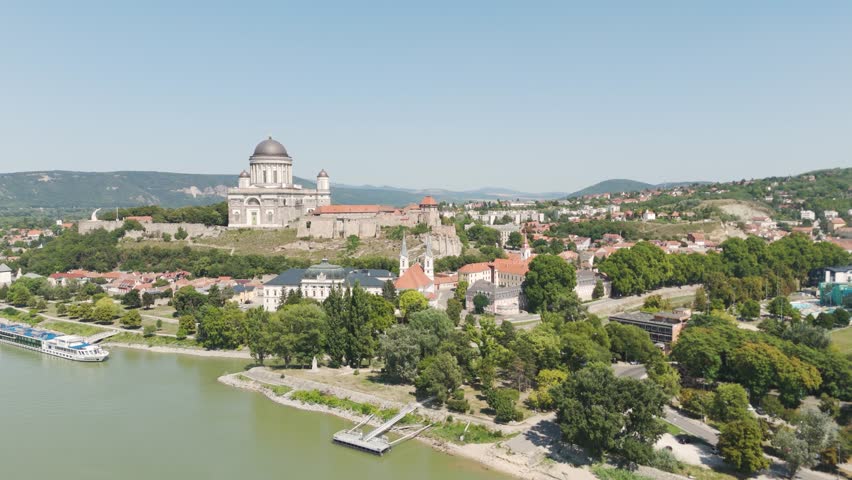Aerial view of the Esztergom Basilica, the largest church in Hungary, located in the city of Esztergom, on the right bank of the Danube river
