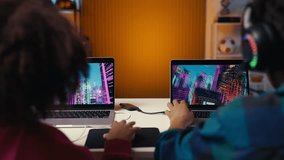 Brother and sister playing racing game on laptops, losing team competition - Powered by Shutterstock - Get 15% off with code: PIKWIZARD15