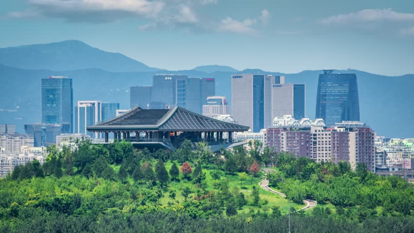 Beijing, China - 30th July 2025 - Overlooking Nanyuan Forest Wetland Park and Lize Financial Business District