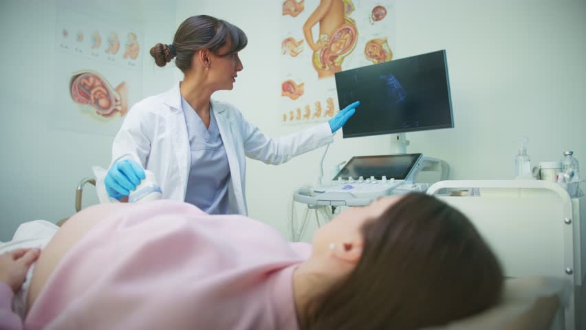Female healthcare worker in white coat and gloves conducting ultrasound scan for pregnant woman lying on couch. Doctor looking at monitor showing fetus image. Medical procedure in clinic.