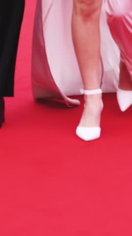 Red carpet with ropes and golden barriers on a luxury party entrance, cinema premiere film festival event award gala ceremony, wealthy rich guests arriving, outdoor decoration elements, summer day