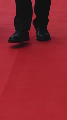 Red carpet with ropes and golden barriers on a luxury party entrance, cinema premiere film festival event award gala ceremony, wealthy rich guests arriving, outdoor decoration elements, summer day