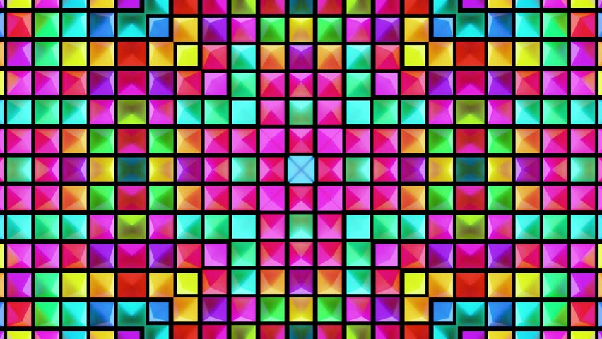 Abstract symmetrical composition, 3d elements light up like bulbs with multicolor neon light. Looped bg for show or events, exhibitions, festivals or concerts, music videos, DJ or VJ for night clubs.